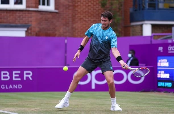 Cameron Norrie of Great Britain plays a forehand during his Quarter-final match against Jack Draper of Great Britain during Day 5 of The cinch...
