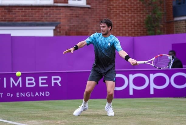 Cameron Norrie of Great Britain plays a forehand during his Quarter-final match against Jack Draper of Great Britain during Day 5 of The cinch...