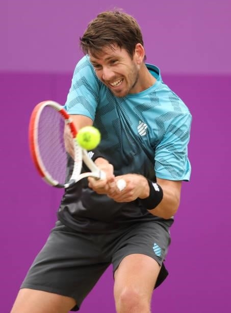 Cameron Norrie of Great Britain plays a backhand during his Quarter-final match against Jack Draper of Great Britain during Day 5 of The cinch...
