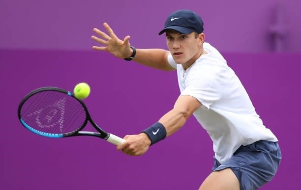 Jack Draper of Great Britain plays a backhand during his Quarter-final match against Cameron Norrie of Great Britain during Day 5 of The cinch...