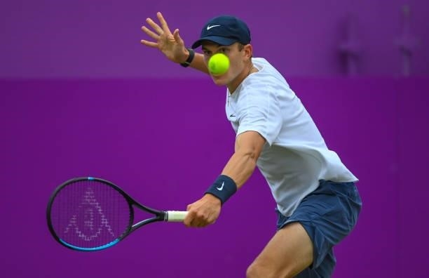 Jack Draper of Great Britain plays a backhand during his Quarter-final match against Cameron Norrie of Great Britain during Day 5 of The cinch...
