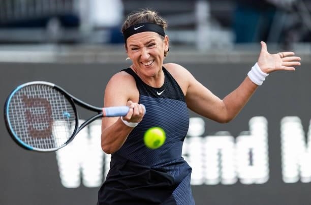 Victoria Azarenka of Belarus hits a forehand against Jessica Pegula of the United States in the women's singles quarter final match during day 7 of...