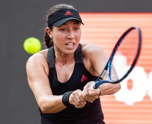 Jessica Pegula of the United States hits a backhand against Victoria Azarenka of Belarus in the women's singles quarter final match during day 7 of...