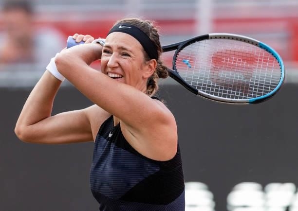 Victoria Azarenka of Belarus in action against Jessica Pegula of the United States in the women's singles quarter final match during day 7 of the...