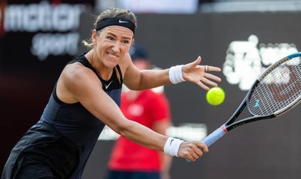 Victoria Azarenka of Belarusstretches to play a backhand against Jessica Pegula of the United States in the women's singles quarter final match...