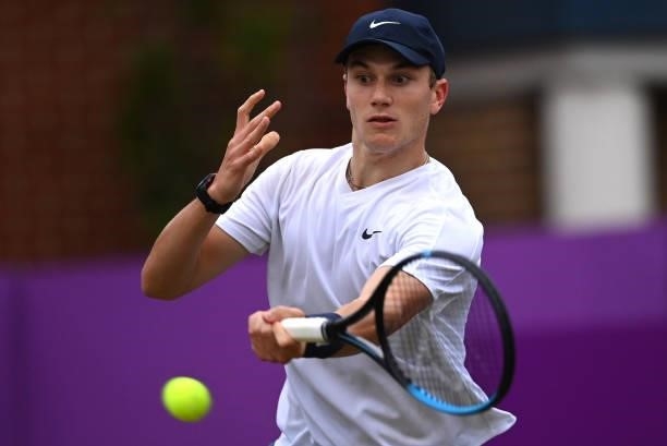 Jack Draper of Great Britain plays a forehand during his Quarter-final match against Cameron Norrie of Great Britain during Day 5 of The cinch...