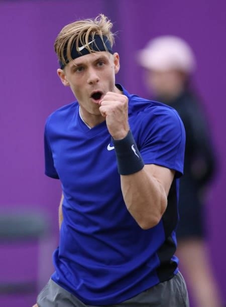 Denis Shapovalov of Canada celebrates the first set during his Quarter-final match against Frances Tiafoe of USA during Day 5 of The cinch...