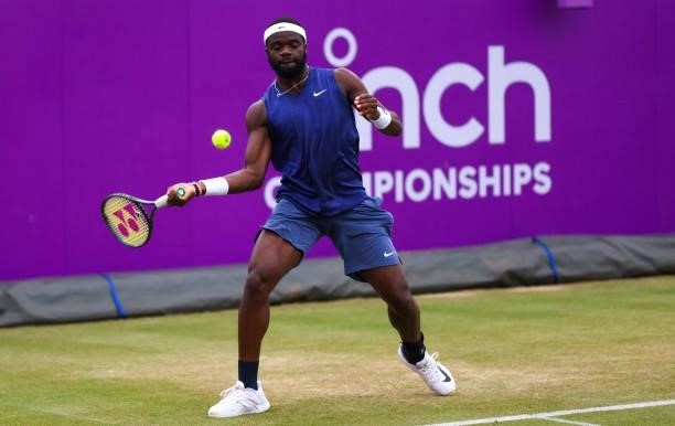 Frances Tiafoe of USA plays a forehand during his Quarter-final match against Denis Shapovalov of Canada during Day 5 of The cinch Championships at...