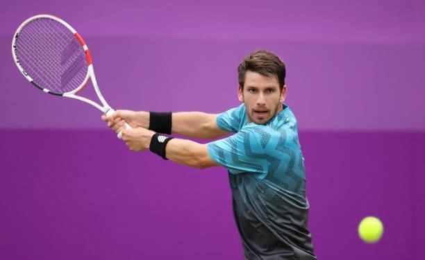 Cameron Norrie of Great Britain plays a backhand during his Quarter-final match against Jack Draper of Great Britain during Day 5 of The cinch...