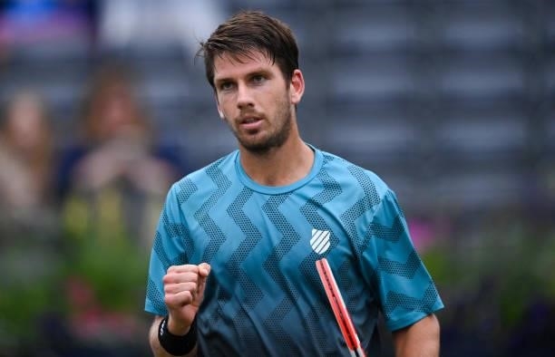 Cameron Norrie of Great Britain celebrates match point during his Quarter-final match against Jack Draper of Great Britain during Day 5 of The cinch...