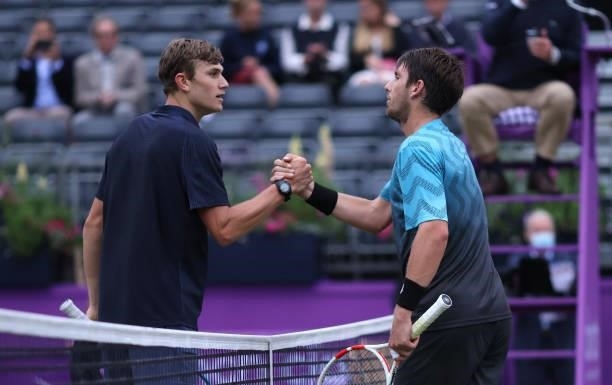Jack Draper of Great Britain and Cameron Norrie of Great Britain congratulate each other after their Quarter-final match against during Day 5 of The...