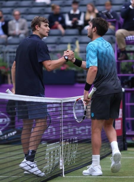Jack Draper of Great Britain and Cameron Norrie of Great Britain congratulate each other after their Quarter-final match against during Day 5 of The...