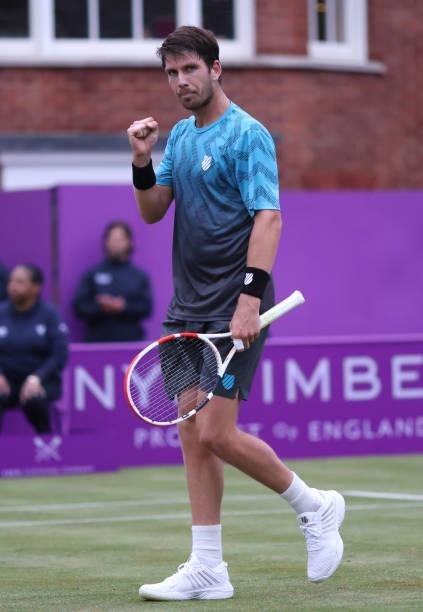 Cameron Norrie of Great Britain celebrates match point during his Quarter-final match against Jack Draper of Great Britain during Day 5 of The cinch...