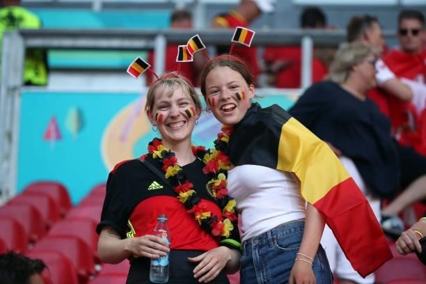 Belgian supporters during the UEFA Euro 2020 Championship Group B match between Denmark and Belgium at Parken Stadium on June 17, 2021 in Copenhagen,...