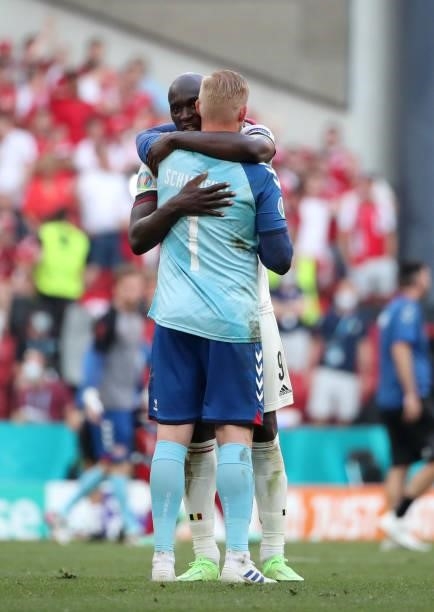Romelu Lukaku of Belgium greets Kasper Schmeichel of Denmark during the UEFA Euro 2020 Championship Group B match between Denmark and Belgium at...