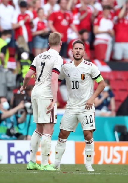 Kevin De Bruyne of Belgium celebrates with Eden Hazard of Belgium after winning the UEFA Euro 2020 Championship Group B match between Denmark and...