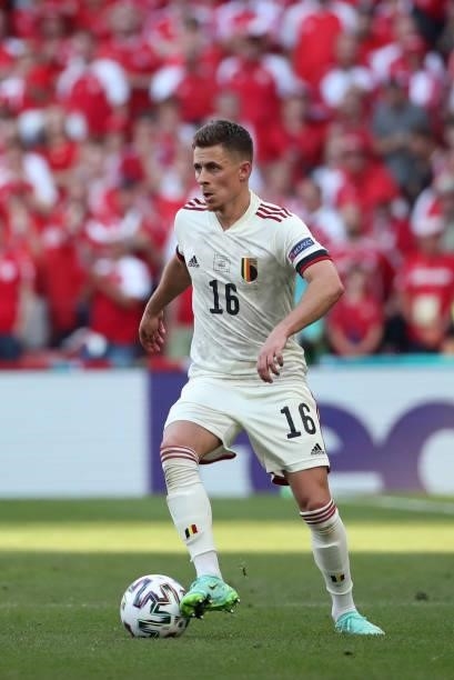 Thorgan Hazard of Belgium in action with the ball during the UEFA Euro 2020 Championship Group B match between Denmark and Belgium at Parken Stadium...