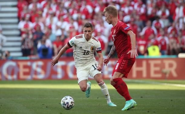 Thorgan Hazard of Belgium battles for the ball with Thomas Delaney of Denmark during the UEFA Euro 2020 Championship Group B match between Denmark...