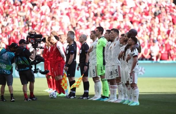 Belgian players line-up during the UEFA Euro 2020 Championship Group B match between Denmark and Belgium at Parken Stadium on June 17, 2021 in...