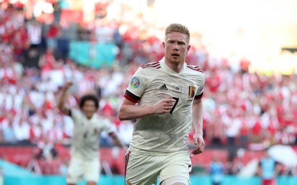 Kevin De Bruyne of Belgium celebrates after scoring the 1-2 goal during the UEFA Euro 2020 Championship Group B match between Denmark and Belgium at...