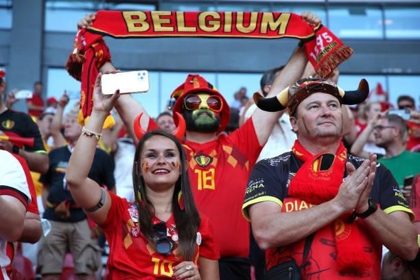 Belgian supporters during the UEFA Euro 2020 Championship Group B match between Denmark and Belgium at Parken Stadium on June 17, 2021 in Copenhagen,...