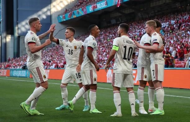 Kevin De Bruyne of Belgium celebrates after scoring the 1-2 goal during the UEFA Euro 2020 Championship Group B match between Denmark and Belgium at...