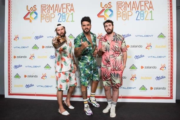 Javi Fernandez, Vicente Cervera and Ramon Garcia of Bombai attend Los 40 Primavera Pop Festival at Palacio de Vistalegre on June 18, 2021 in Madrid,...