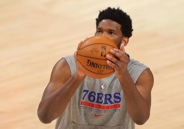 Joel Embiid of the Philadelphia 76ers warms up prior to game 6 of the Eastern Conference Semifinals against the Atlanta Hawks at State Farm Arena on...