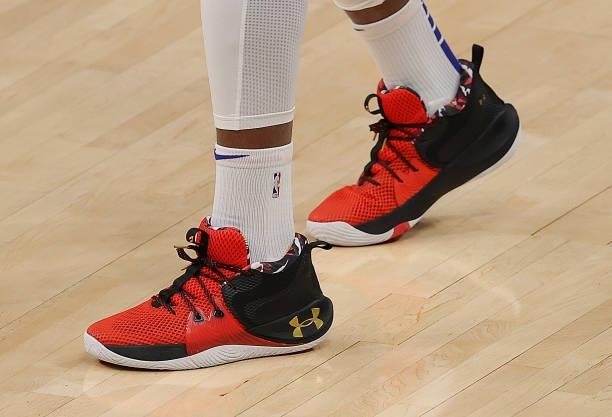 The shoes worn by Joel Embiid of the Philadelphia 76ers during pregame warmups are seen prior to game 6 of the Eastern Conference Semifinals against...