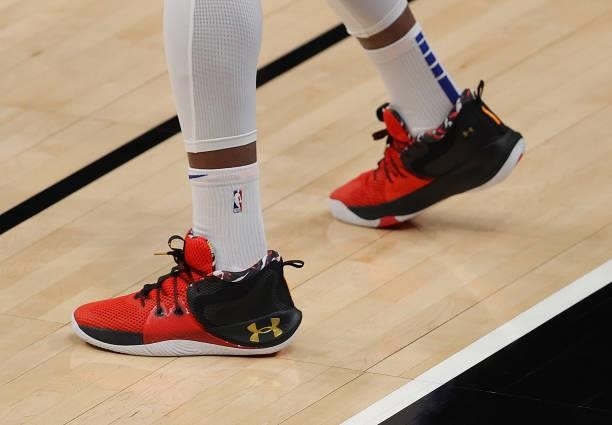 The shoes worn by Joel Embiid of the Philadelphia 76ers during pregame warmups are seen prior to game 6 of the Eastern Conference Semifinals against...