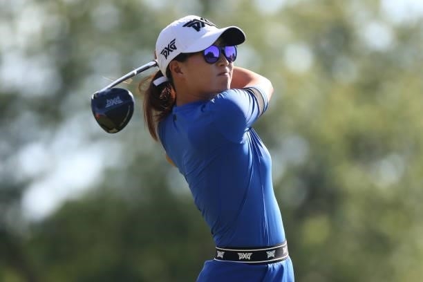 Jennifer Song watches her drive on the third hole during round two of the Meijer LPGA Classic for Simply Give at Blythefield Country Club on June 17,...