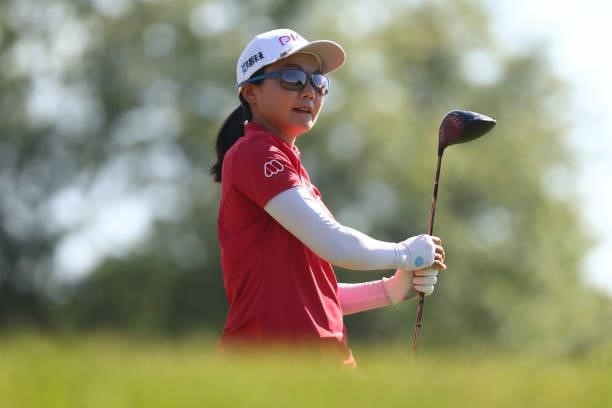 Ayako Uehara of Japan watches her drive on the third hole during round two of the Meijer LPGA Classic for Simply Give at Blythefield Country Club on...
