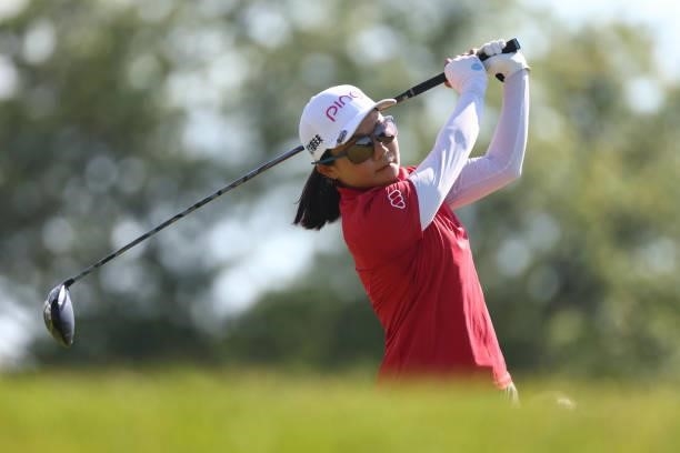Ayako Uehara of Japan watches her drive on the third hole during round two of the Meijer LPGA Classic for Simply Give at Blythefield Country Club on...