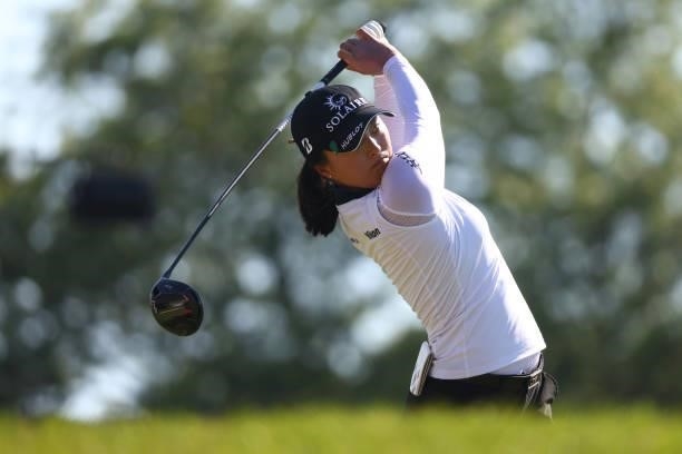 Jin Young Ko of Korea watches her drive on the third hole during round two of the Meijer LPGA Classic for Simply Give at Blythefield Country Club on...