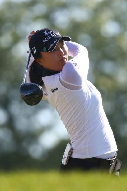 Jin Young Ko of Korea watches her drive on the third hole during round two of the Meijer LPGA Classic for Simply Give at Blythefield Country Club on...