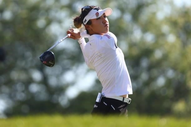 Lydia Ko of New Zealand watches her drive on the third hole during round two of the Meijer LPGA Classic for Simply Give at Blythefield Country Club...