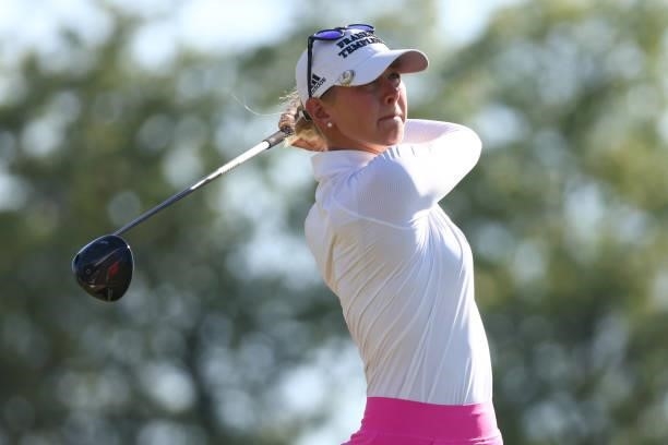 Jessica Korda watches her drive on the third hole during round two of the Meijer LPGA Classic for Simply Give at Blythefield Country Club on June 17,...