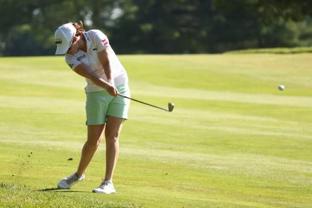 Leona Maguire of Ireland hits her second shot on the third hole during round two of the Meijer LPGA Classic for Simply Give at Blythefield Country...