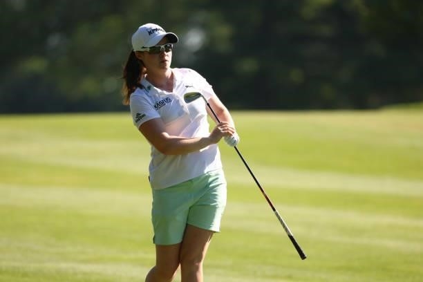 Leona Maguire of Ireland hits her second shot on the third hole during round two of the Meijer LPGA Classic for Simply Give at Blythefield Country...