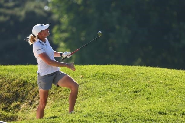 Stacy Lewis watches her second shot on the third hole during round two of the Meijer LPGA Classic for Simply Give at Blythefield Country Club on June...
