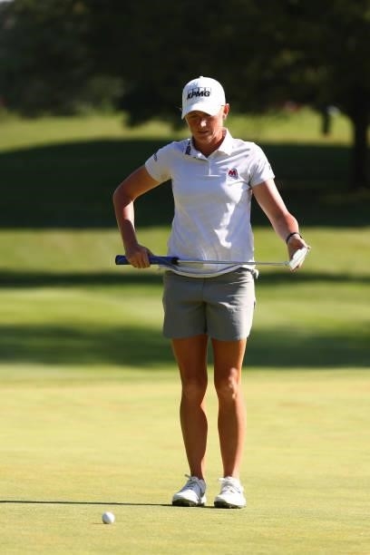 Stacy Lewis reads a putt on the third green during round two of the Meijer LPGA Classic for Simply Give at Blythefield Country Club on June 17, 2021...