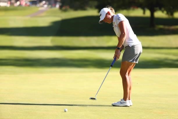Stacy Lewis putts on the third green during round two of the Meijer LPGA Classic for Simply Give at Blythefield Country Club on June 17, 2021 in...