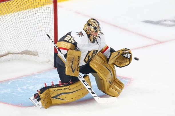 Marc-Andre Fleury of the Vegas Golden Knights warms up prior to Game Three of the Stanley Cup Semifinals of the 2021 Stanley Cup Playoffs against the...