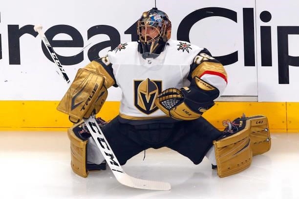 Marc-Andre Fleury of the Vegas Golden Knights warms up prior to Game Three of the Stanley Cup Semifinals of the 2021 Stanley Cup Playoffs against the...