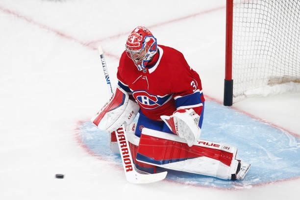 Carey Price of the Montreal Canadiens warms up prior to Game Three of the Stanley Cup Semifinals of the 2021 Stanley Cup Playoffs against the Vegas...