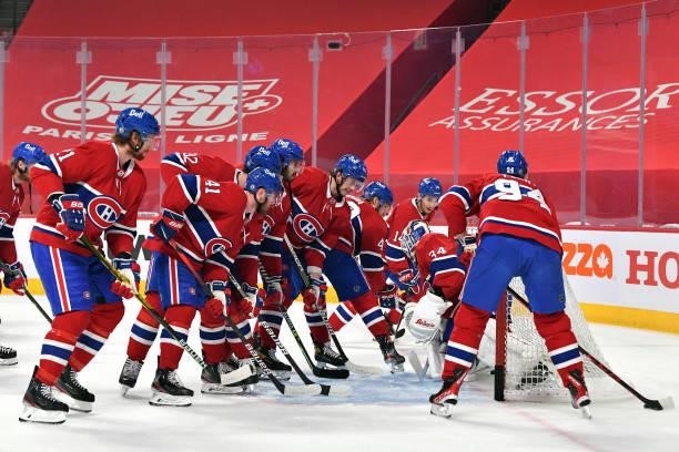 The Montreal Canadiens warm up prior to Game Three of the Stanley Cup Semifinals of the 2021 Stanley Cup Playoffs against the Vegas Golden Knights at...
