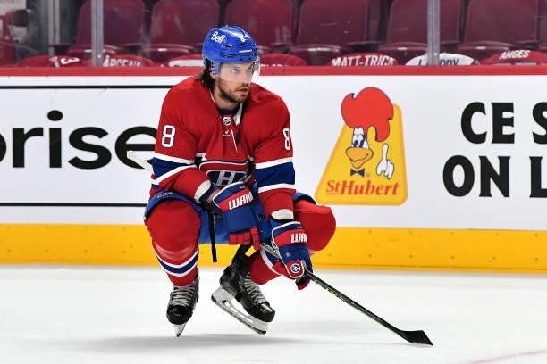 Ben Chiarot of the Montreal Canadiens warms up prior to Game Three of the Stanley Cup Semifinals of the 2021 Stanley Cup Playoffs against the Vegas...