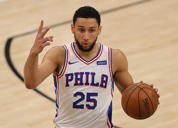 Ben Simmons of the Philadelphia 76ers calls out a play against the Atlanta Hawks during the first half of game 6 of the Eastern Conference Semifinals...