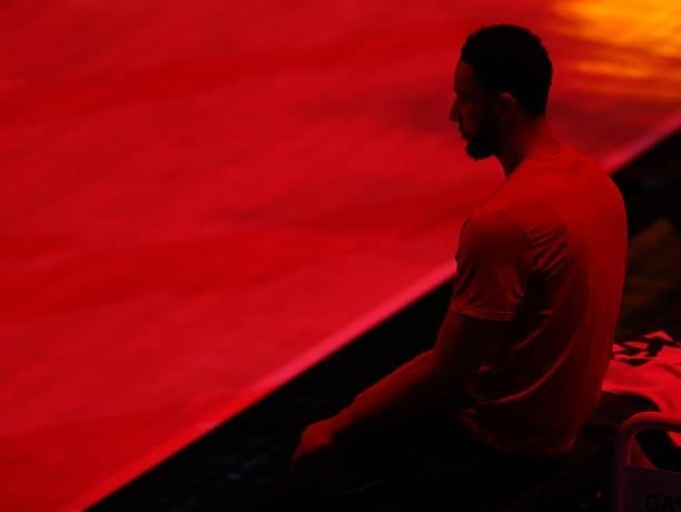 Ben Simmons of the Philadelphia 76ers sits during player introductions prior to game 6 of the Eastern Conference Semifinals against the Atlanta Hawks...