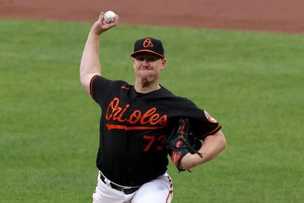 Starting pitcher Thomas Eshelman of the Baltimore Orioles throws to a Toronto Blue Jays batter in the first inning at Oriole Park at Camden Yards on...